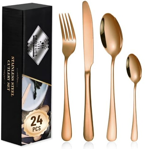 Bizcasa Juego de cubiertos,24 Piezas,Con Cuchillo, Tenedor,Cuchara,Acero Inoxidable,Apto para Lavavajillas,Acabado Pulido Brillante,Espesor 2.5mm,Cuberteria Elegante y Moderna (Oro rosa)