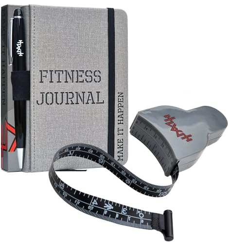 A6 Pocket Fitness Journal & 150cm 60Inch Double Sided Body Tape Measure - Set 15 Goals, Track 93 Workouts, Measure Progress & Log 24 Personal Records - Black