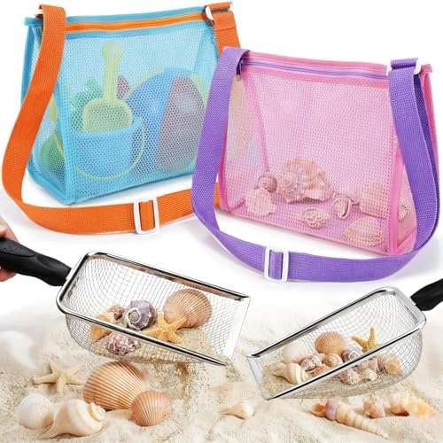 4 Pack Beach Sand Scoop with Mesh Bag, Stainless Steel Sand Sifter Shovel for Shell Collecting, Metal Sand Scoop with Adjustable Strap for Beach Trips, Seaside Collecting