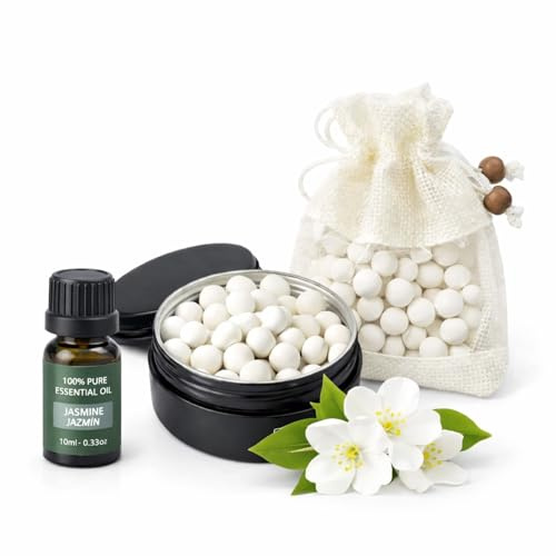 Ambientador Armarios y Hogar con Bolas Cerámicas | Jazmín 10 ml | Doble Difusor: Saquito Aromático + Caja Difusora | Natural, Reutilizable y sin Electricidad | Baño, Dormitorio y Cajones (Jazmín)