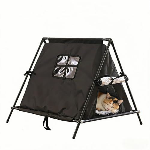 HTSTRAY Elevated Cat Bed Tent with Removable Plush Mat, Breathable Oxford Cloth Cat House for Indoor & Outdoor Use, Non-Slip Feet Portable All Season Pet Shelter, 60x65x55 cm, Black