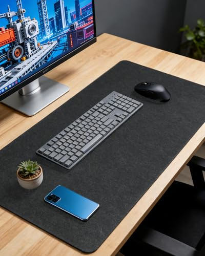 Felt Desk Pad (80 x 40 cm), Non-Slip Desk Mat for Home Office & Gaming | 3.1 mm thick felt desk mat with non-slip backing. Protects surface from scratches, fits keyboard & mouse for daily work.