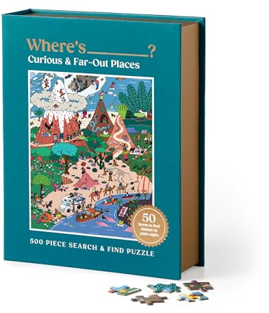 Galison Where's________? Curious and Far Out Places – 500 Piece Book Box Jigsaw Puzzle Featuring A World of Peculiarity and Novelty to Search and Find