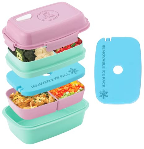 Bento Box for Kids and Adults - Perfect Lunch Box with Compartments for Packed Lunch - Plastic Leakproof Lunch Boxes for Pack Lunch with Built-in Removable Ice Pack- Microwave and Dishwasher Safe
