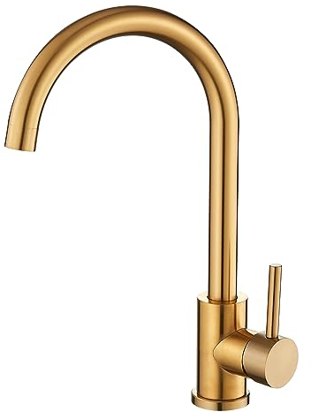 VALAZ Grifos Cocina Fregadero Dorado Cepillado Protección PVD Oro Alta Presión | Grifo Monomando, Giratorio 360º, Ahorro de Agua | Instalación Fácil y Rápida | Latón, Acero Inoxidable, Serie Misisipi