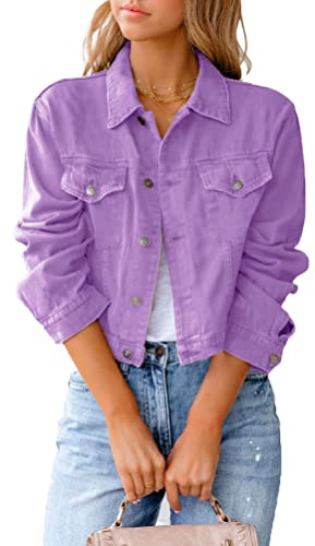 seiveini Mujer Chaqueta Vaquera Corto Manga Larga Chaquetas de Mezclilla Corta Tallas Grandes Outwear Abrigos Denim Otoño e Invierno Elegant A Morado XL