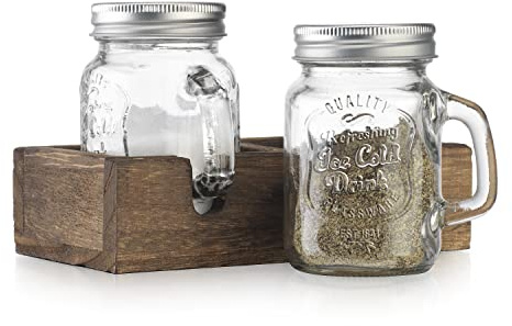 MosJos Mason Jar Salt and Pepper Shakers - Vintage Glass Condiment Dispenser Set with Wooden Holder Caddy - Farmhouse Kitchen Decor, Easy Refill 5-ounce Capacity with Stainless Steel Lids