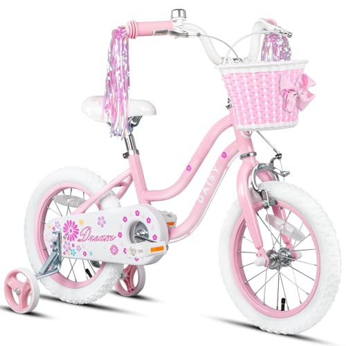 Glerc Daisy Kids Bike 14 Pouces pour Les Filles de 3 4 5 Ans, avec banderoles, Panier, stabilisateurs et Sonnette,Rose