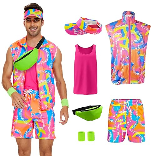 Yonroik 5 Pieces 80s Workout Costume for Men Halloween Cosplay 80s 90s Workout Outfit Party Clothing for Adult Mens (Pink, Large)