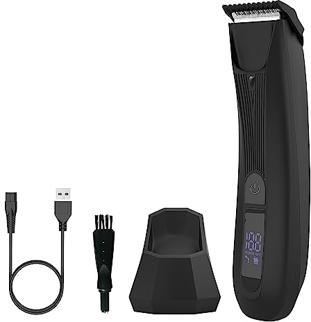 Elektrischer Körperrasierer Herren, Wasserdichter Körperhaartrimmer mit LED-Licht und Display, Anti-Schnitt Keramikklinge und stehender Ladestation, Nass und Trocken Haarschneider austauschbarer