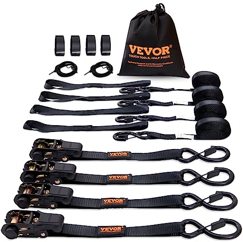 VEVOR Sangle à Cliquet Lot de 4 Sangles d'Arrimage Résistance à la Rupture Maximale 998 kg 0,025 x 4,6 m pour Sécuriser Cargaisons, Appareils Électroménagers, Équipement de Jardin, Motos, Déménagement