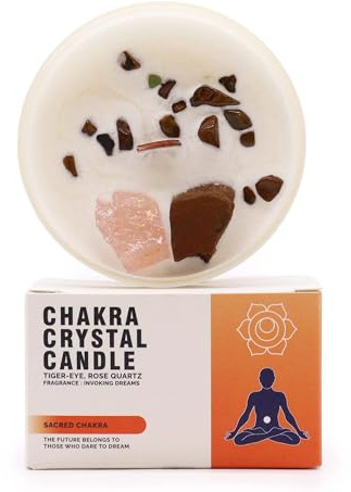 Ancient Wisdom Chakra-kristallljus – sojavax – 10 x 6 cm – 23 h brinnande (sakral chakra)