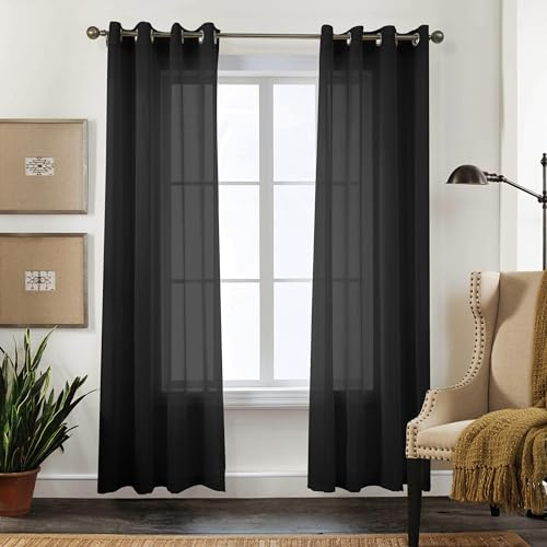 CUCRAF Cortinas transparentes con ojales, para salón y dormitorio, 260 x 140 cm, juego de 2 unidades, cortinas translúcidas negras, lisas, de fácil cuidado y sin arrugas, con aspecto de lino