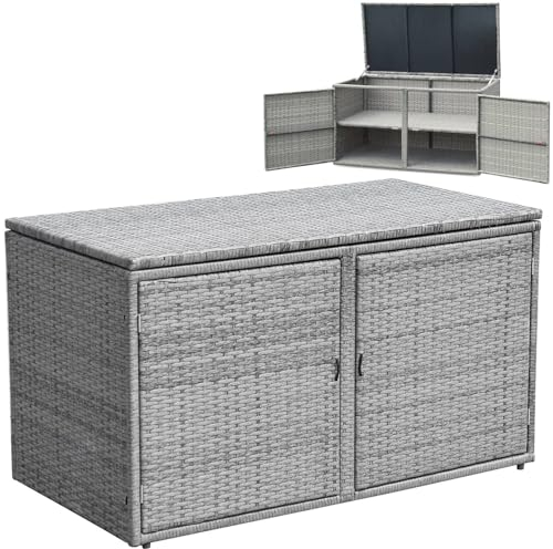 COSTWAY 330L Garden Storage Box, 2-Tier Waterproof Rattan Deck Box Chest with Pneumatic Rod, Lid & Front Doors, Outdoor Patio Storage Bench Table for Cushion Tool Toy (Grey)