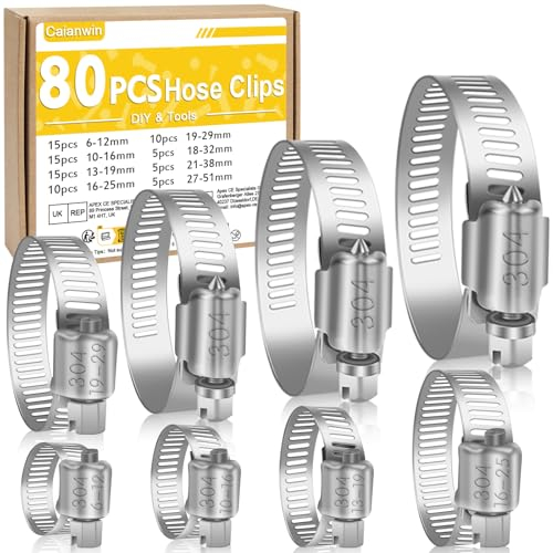 80 Stück 6–51mm Schlauchschellen Set, Caianwin 8 Größen Edelstahl Schellen Einstellbare Schlauchklemmen Sortiment für Befestigungsschläuche,Wasserschläuche, Autoschläuche
