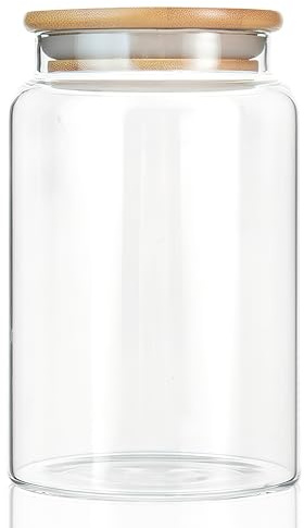 INCETUE 900ML/30Oz Clear Glass Storage Container Jar with Airtight Flat Bamboo Lid, Decorative Medium Food Canister for Coffee, Spice, Sugar, Salad, Cereal, Flour, Candy, Cookie