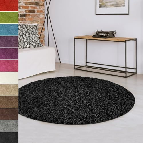 casa pura Teppich rund 160cm Durchmesser, schwarz weicher & Flauschiger Shaggy Hochflor Wohnteppich für Wohnzimmer, Schlafzimmer, Flur, Kinderzimmer Teppich Flur mit Anti-Rutsch Unterseite Barcelona