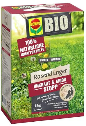 COMPO BIO Rasendünger Unkraut & Moos Stopp - verhindert Ansiedlung von Moos und Unkräutern - natürliche Inhaltsstoffe - 3 kg für 60m²