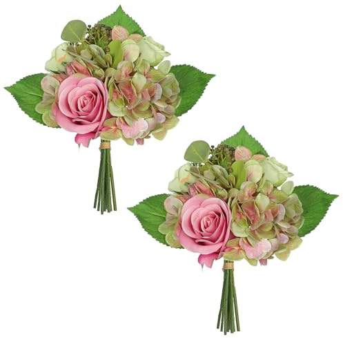Hollyone 2Pcs Cemetery Flowers for Grave Artificial Hydrangea Bouquet with Fake Roses Flowers Silk Flowers Mixed Bush for Cemetery Grave Party Wedding Floral Arrangements Office Home Decor Green
