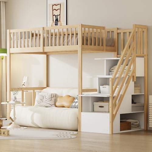 NNJN Letto a soppalco con scaletta di sicurezza, struttura in legno massello di pino per bambini e ragazzi, 90 x 200 cm (letto a soppalco 90 x 200 cm)