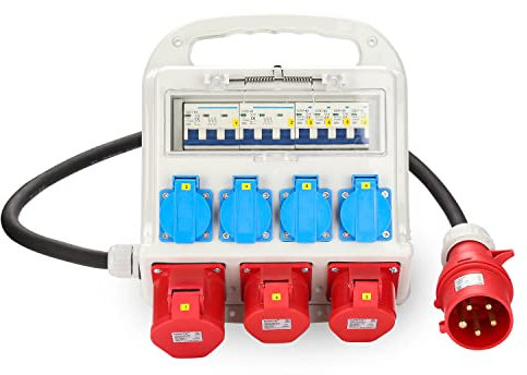 Herrselsam distributeur de courant de chantier, 2x CEE 16A 400V+1x CEE 32A 400V+4x 230V Schuko avec 1,2m de câble d'alimentation avec disjoncteur, chantier intérieur extérieur