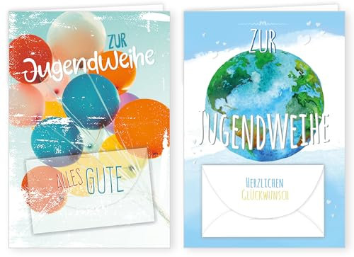 PremiumLine Glückwunschkarten zur Jugendweihe 2 Stück mit Geldkuvert und Umschlag Jugendweihekarte 11,5 x 17 cm Geldkarte Klappkarte mit Spruch, innen Blanko | 2 Grußkarten