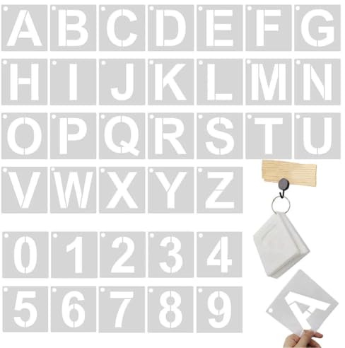 AEIOPRS 36 Pezzi Stencil Lettere e Numeri 5 cm Riutilizzabili Stencil Alfabeto in Plastica per Insegne Legno Torte e Decorazioni Modello Lettera Numero