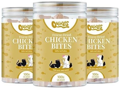 QUINDU'S - Bocados de Pollo Liofilizado para Perros y Gatos (100g x 3) | Chuches Naturales con Proteínas y Nutrientes | Suplemento Alimenticio para Piel y Pelaje | Dieta Barf