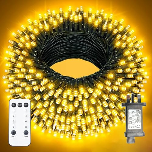 XmasBokeh Fairy Lights, 30m 300 LED, Warm White, Green Cable, Plug in | Mains-powered string lights with remote, timer, memory and 8 modes. 31V low voltage for Christmas trees, gardens and patios.