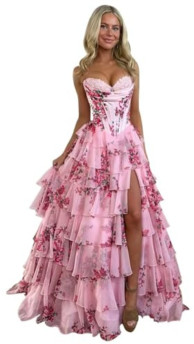 Générique Robe De Bal en Tulle à Imprimé Floral Longue Robe De SoiréE Fendue à Volants DéColleté en CœUr sans Bretelles avec Poches Pink 4
