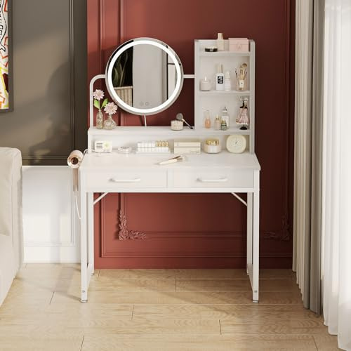 ODK Tavolo da spogliare con 3 specchi LED di luminosità, Makeup Table with 8 Fabric Drawers, 80×40×136cm, Bianco+Bianco