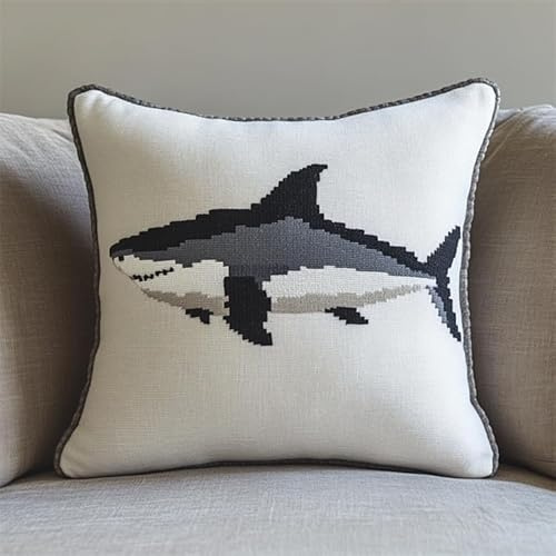 Kit di Ganci a Chiusura per Cuscino,Squalo animale marino,DIY Cuscini Artigianali Kit Ricamare Cuscini Federa per Cuscino per Divano per Adulti,43x43cm