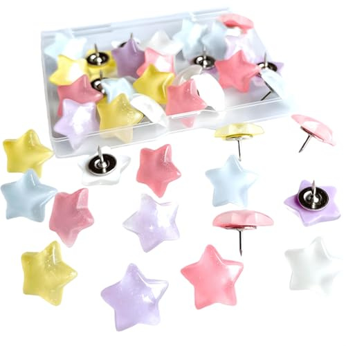 FrostyFlair 25 Unidades de chinchetas, Multicolor con Forma de Estrella, decoración Adorable con Caja de Almacenamiento, alfileres para tableros de anuncios