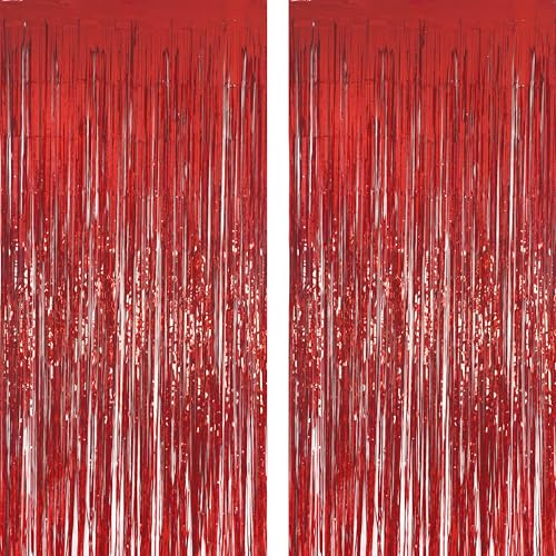 Red Streamers Party Decorations - MALANKU Red Tinsel Backdrop Door Streamers for Movie Carnival Casino Cherry Killer Sweetest Valentines Christmas Birthday Party Supplies - 2 Packs, 3.3X8.2ft