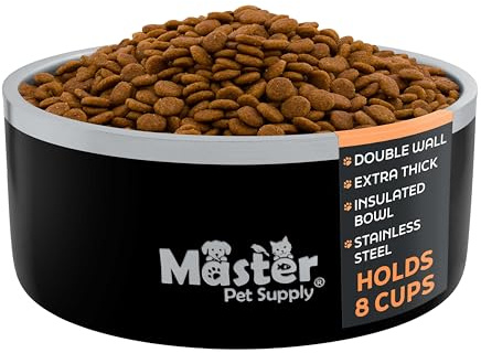 Master Pet Supply Stainless Steel Dog Bowls - 64 oz, Heavy Duty - Black Velvet, Double Wall Extra-Thick Insulated, Non-Slip Pet Water Bowl for Dogs, Cats & Pets, Anti Rust Metal, Dish Washer Safe