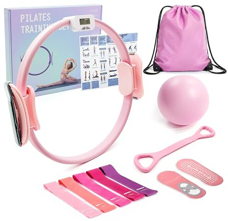 MaxU Pilates Kit pour Femmes Anneau avec Compteur, Cercle 35cm,Ballon,Bandes & Chaussettes.Équipement Complet idéal pour débutants à Domicile.Renforcez Votre Corps avec ce Set Polyvalent.