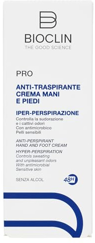 BIOCLIN PRO ANTI TRASPIRANTE CREMA MANI E PIEDI 50 ML – Trattamento per Sudorazione Eccessiva e Cattivi Odori – Per Mani e Piedi – Con Sali di Alluminio Attivati, Niacinamide e Prebiotico