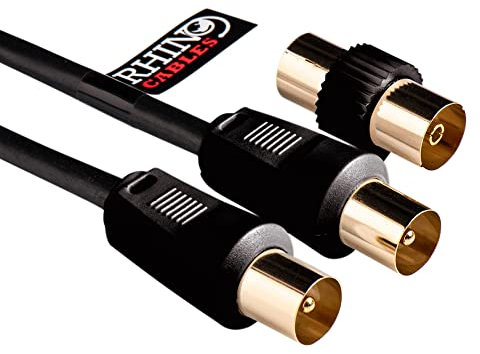 rhinocables Coaxial TV Aerial Cable with Gold-Plated Connectors | Male to Male RF Coax Lead with Female Adapter | Universally Compatible Fly Lead for HD/Standard TVs & Satellite Receivers (50cm,Black)