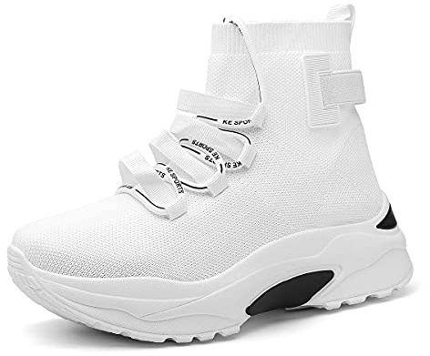 EXSADER Femmes Chaussures Décontractées Baskets Respirant Léger Plateforme Confort Athlétique Marche Gym Respirant Maille À Lacets Chaussette Sneakers,Color Blanc,Size 40