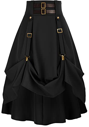 Mttelalter Damen einstellbare Frontlänge Cosplay Rock mit Schnalle und Riemen Rock Rockabilly Schwarz XXL