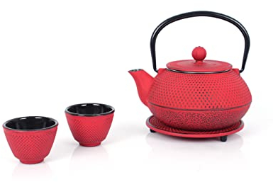 ECHTWERK Service à thé en fonte, théière 0,8 L avec passoire amovible, théière avec soucoupe, set de théières au design vintage pour la préparation de thé en vrac, Rouge