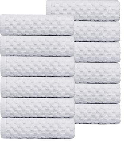 COTTON CRAFT Euro Spa Waffle Wash Cloth - Set of 12 Luxury Pure Ringspun Cotton Waffle Weave Bathroom Face Towel - Everyday Plush Absorbent Hotel Gym Shower Beach Kitchen Travel Dorm - 12x12 - White