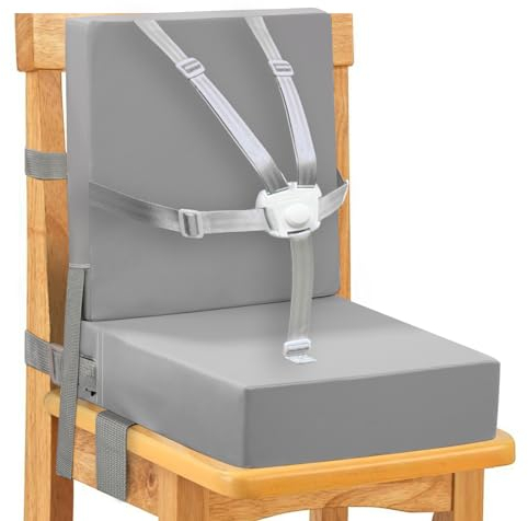 Rehausseur Chaise Enfant,Matériau PU Fabriqué Boucle de Sécurité 5 Points, étanche Facile à Nettoyer Sangles de Sécurité Réglables et Fond Antidérapant (Gris)