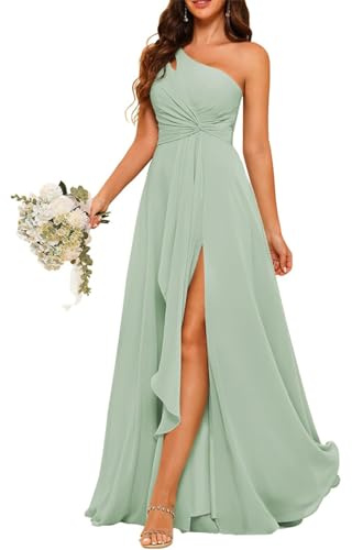 HPPEE Robe de demoiselle d'honneur asymétrique en mousseline de soie avec longue robe plissée pour femme WYX476, vert sauge, 40