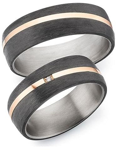 123traumringe Anillos de boda en carbono, titanio y oro rosa, anillos de pareja con brillante y estuche, anillos de boda grabables con tamaño 50-70 mm, elegantes anillos de compromiso en 7 mm de ancho