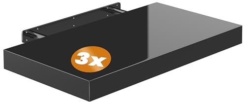Casaria® 3X Wandregal Holz Schwarz Hängeregal mit Halterung 15kg Tragkraft Küche Wohnzimmer Flur Schweberegal Bücherregal Schwebend Hochglanz 50cm