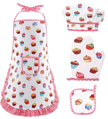 Epunk Kids Baking Set Apron Chef Hat Oven Gloves & Placemat Machine Washable Educational Baking Kit for Children Ages 3-12 Christmas Birthday Gift for Girls Children's Aprons & Role Play