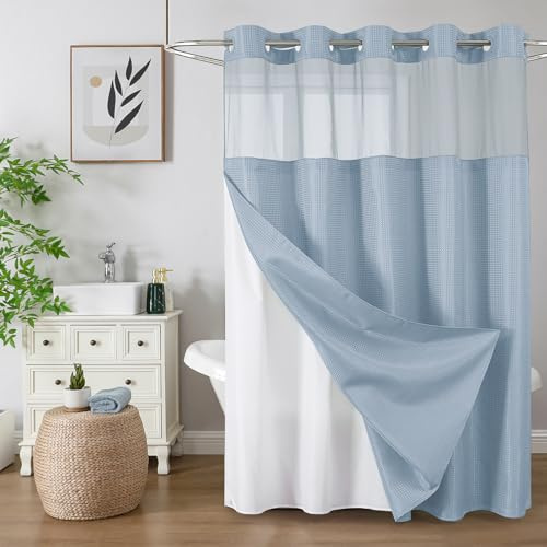 BOYOUTH Tenda da doccia a doppio strato in stile hotel, con fodera a scatto per decorazione del bagno, tenda da bagno in tessuto impermeabile con anello grande, 91 x 190 cm
