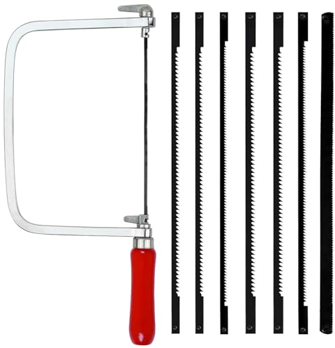 UQTUKO Set de sierra de marquetería, incluye 7 hojas de sierra y 1 arco de sierra (14/18/24 dientes), giratorio 360 grados con mango de madera, sierra fina, sierra de marquetería para metal y madera
