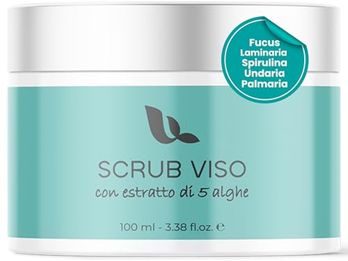 Scrub Viso Esfoliante Delicato allo Zucchero con Complesso 5 Alghe Marine, 100ml, Peeling Viso Naturale per Pelle Luminosa e Levigata, Ideale per Skin Care Uomo e Donna, Made in Italy